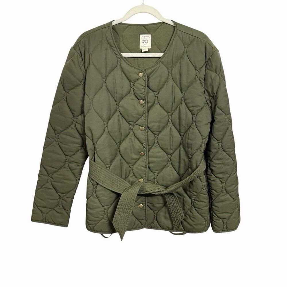 Billabong Womens Sz L Green Quilted Jacket Snap Button Tie Waist Lightweight